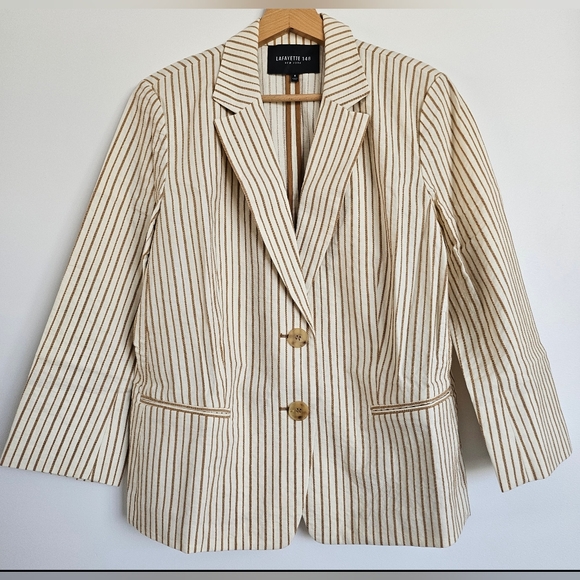Lafayette 148 New York Carmel Striped Cotton Blazer Jacket Size 8 - Picture 1 of 14